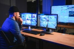Male security guard monitoring modern CCTV cameras indoors.