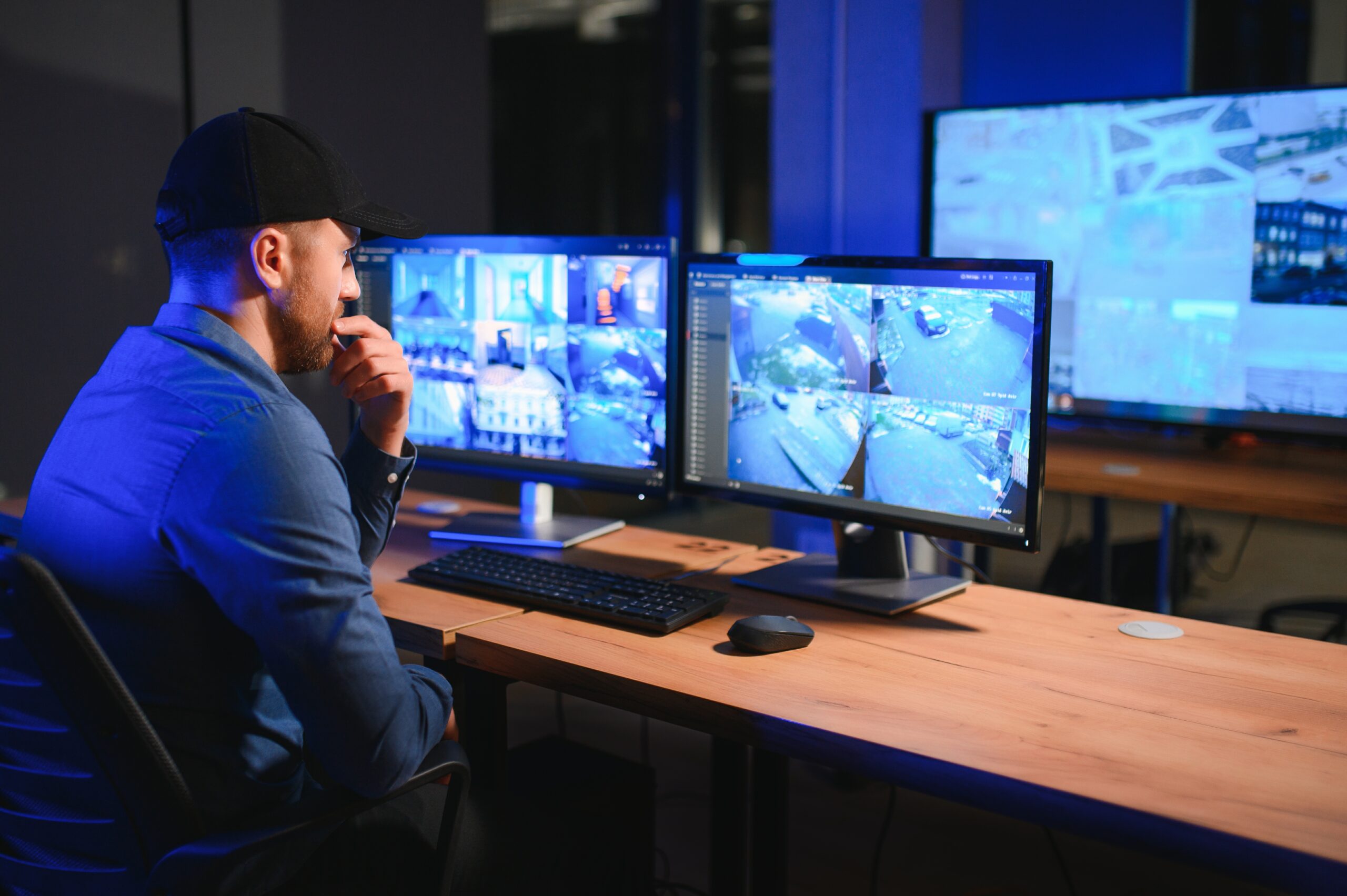 Male security guard monitoring modern CCTV cameras indoors.